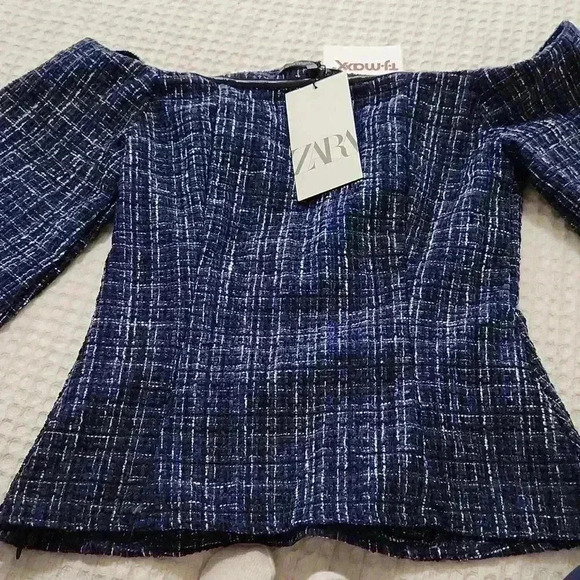 Zara NWT Women's Blue Tweed Textured Off the Shoulder Top - Picture 3 of 5